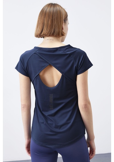 Tommy Life İndigo Sırt Pencereli Kısa Kol Standart Kalıp O Yaka Kadın T-shirt - 97101 Indigo