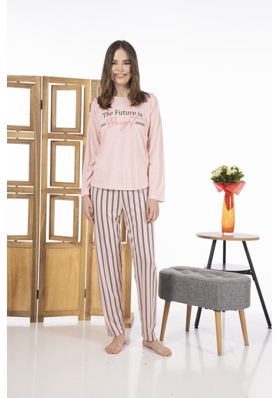 Estiva 24118 Kadın Çizgili Uzun Kollu Yazlık Viskon Pijama Takımı 001
