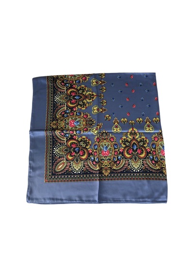 Tikitonki Etnik Çiçek Desenli Saten Mavi Eşarp - 90x90 Mavi Mavi