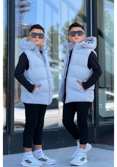Pina Kids Erkek Çocuk Baskılı Çıkarılabilir Kapüşonlu Şişme Yelek 3017 Gri
