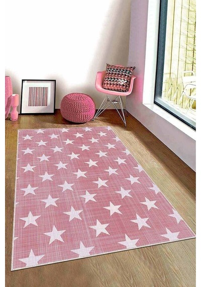 Pembe Kaymaz Tabanlı Yıkanabilir Yıldızlı Bebek Halısı Kd80n11
