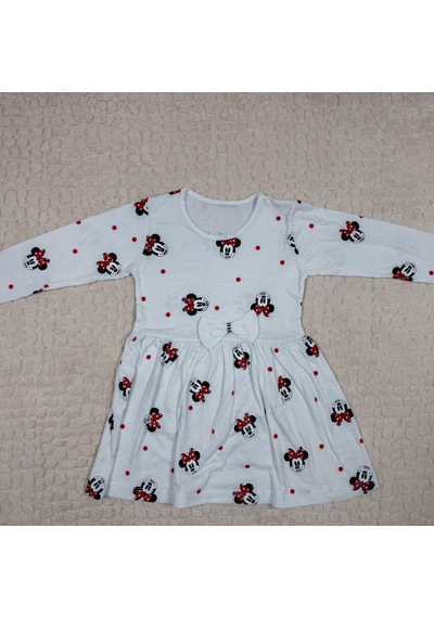 Momikon Kız Çocuk Minnie Mouse Baskılı Kısa Kollu Pamuklu Beyaz Elbise Beyaz