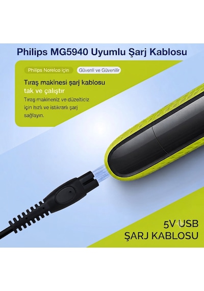 Philips Uyumlu Mg5940 Uyumlu Şarj Kablosu 5v Oneblade & Multigroom Usb Şarj Kablosu