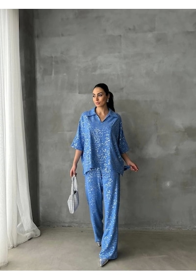 Defymoda Varaklı Bluz Pantolon Takım - Mavi Mavi