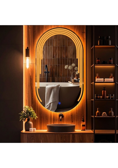 Eloura Amber Led'li Lazer Kumlamalı Lavabo & Banyo Aynası Dokunmatik Sensörlü 45 X 80 Cm Turuncu