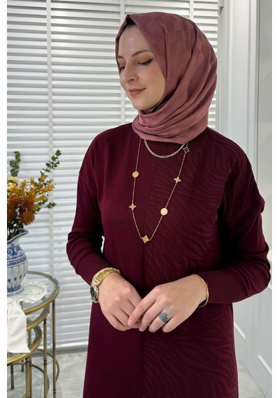 Rabia Şamlı Zebra Desen Triko Elbise Bordo Normal