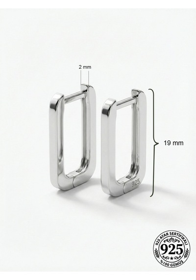 925 Ayar Gümüş Rodyum Kaplama Dikdörtgen Huggie Halka Küpe - Büyük Boy 2mm En Rze10287