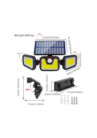Volemi Üçlü Solar Led Projektör Beyaz Işık Sensörlü Dış Mekân Aydınlatma