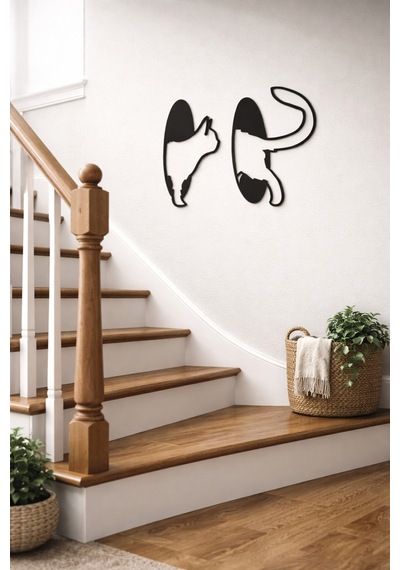 Kedi Figürlü Mdf Duvar Dekoru 2 Li Set Modern Siyah Minimal Kedi Tablosu Siyah