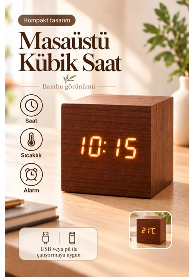 Ahşap Dijital Kübik Masa Saati Termometre Ve Alarm Çok Renkli