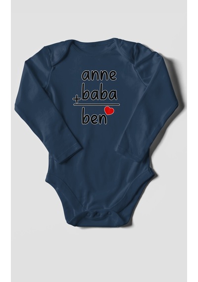 Anne Baba Ve Ben Baskılı Bebek Zıbını Çıtçıtlı Body %100 Pamuk Uzun Kol Lacivert