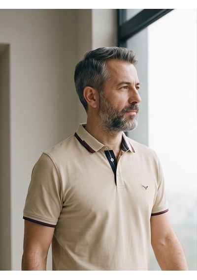 Maccali Erkek Bej Amblemli Kontrast Biyeli Polo Yaka Tişört