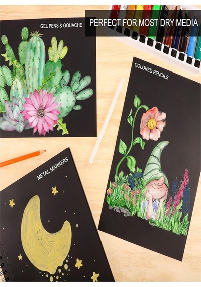 Telli Eskiz Defteri Siyah A4 1 Adet Spiralli Siyah Eskiz Defteri 150 Gr 40 Yaprak Grafit Yağlı Pastel Jel Mürekkep Kalem