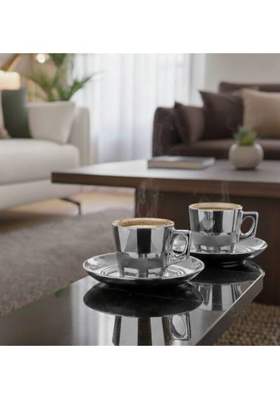 Rova Tr Titanyum Kaplama Modern Türk & Filtre Kahve Fincan Seti Gümüş