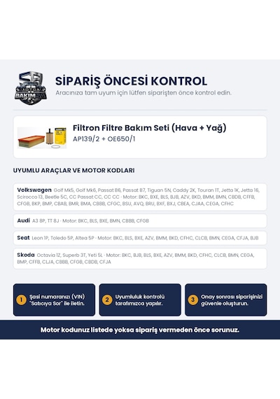 Filtron Filtre Bakım Seti Hava+yağ - Golf 5-6 / Passat B6-b7-cc / Octavia 2 1.9-2.0 Tdı