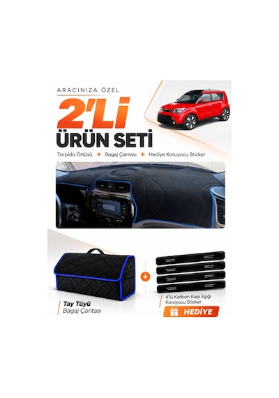 E-biz Kia Soul 2014-2019 Uyumlu Torpido Örtüsü + Tay Tüyü Bagaj Çantası Seti - Siyah-mavi - Kı021