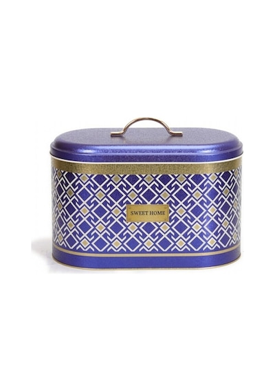 Turkish Blue Bread Box Desenli Oval Metal Ekmek Kutusu, 10.4 Lt Mavi