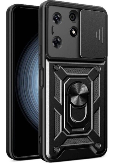 Tecno Spark 10 Pro Kılıf Magnetik Standlı Kamera Korumalı Zore Sürgülü Vega Kapak Siyah