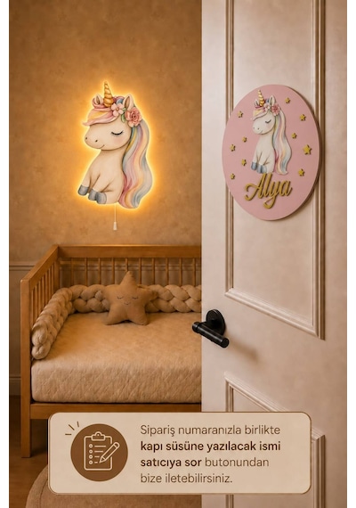 Ahşap Unicorn İsme Özel Pilli Ledli Gece Lambası Ve Unicorn Ahşap Kapı Süsü Seti Bebek Çocuk Odası Pembe