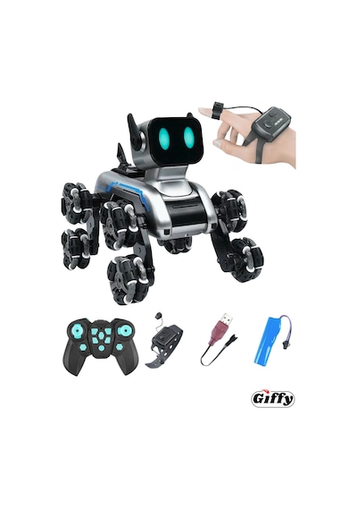 Bilekten Kontrol 8 Teker Buharlı Şarjlı Köpek Robot Araba Müzikli Ve Led Işık Kumandalı Robot Köpek Gri
