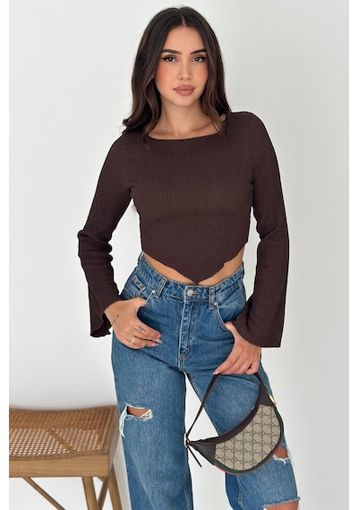 Noa & Noa İspanyol Kol Ribanalı Sivri Etek Uçlu Crop Bluz Modern & Vücuda Oturan Stil Kahverengi Noa & Noa İspanyol Kol Ribanalı Sivri Etek Uçlu Crop Bluz Modern & Vücuda Oturan Stil Kahverengi