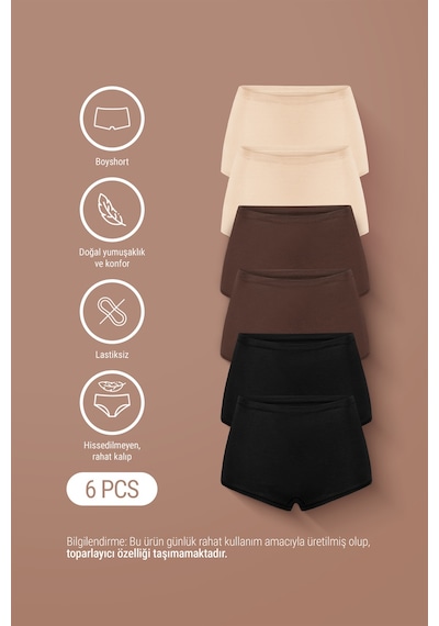 Auw Kadın Lastiksiz Pamuklu Modal Basic Boyshort 6'lı - Softfit Çok Renkli Ten,bitter,siyah