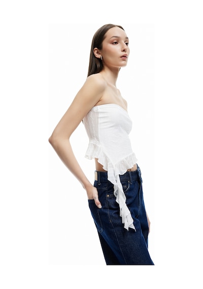 Koton Fırfır Detaylı Asimetrik Dantelli Straplez Crop Bluz Ekru 5sal30060ık Ekru