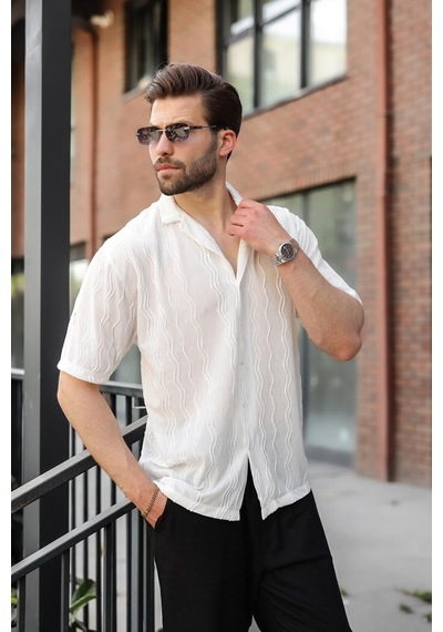 Madmext Beyaz Dalga Desenli Regular Fit Erkek Gömlek E6771