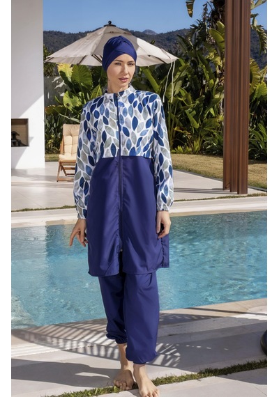 Mayom Tam Kapalı Paraşüt Kumaş Crop Model Damla Desenli Tesettür Mayo - 2527 Lacivert-mavi