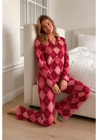 Kadın Bürümcük Tam Boy Kırmızı Pijama Takımı