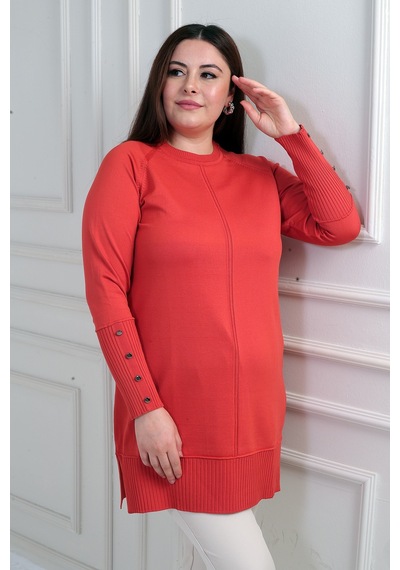 By Saygı Kadın Kolları Düğmeli Soğuk İplik Büyük Beden Tunik Bluz Oranj