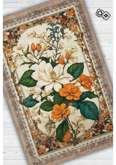 Homshtag Art Deco Yasemin Çiçeği Vintage Halı Görünümlü Dijital Baskı Renkli Halı,rustik Çiçek Halı Çok Renkli