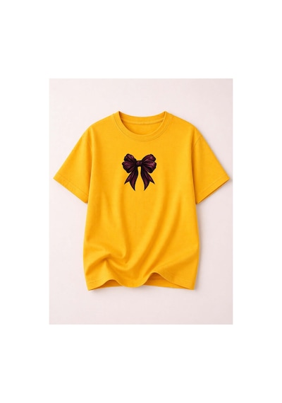 Herkesemoda Kurdele Baskı Baskılı Kadın Bisiklet Yaka Pamuklu T-shirt Sarı