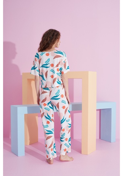 Siyah İnci Likralı Örme Pijama Takım 7803 Beyaz Portakal