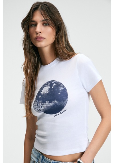 Grımelange ATHEA Kadın Bisiklet Yaka Kısa Kollu Önü Baskılı Slim Beyaz / Desenli T-Shirt