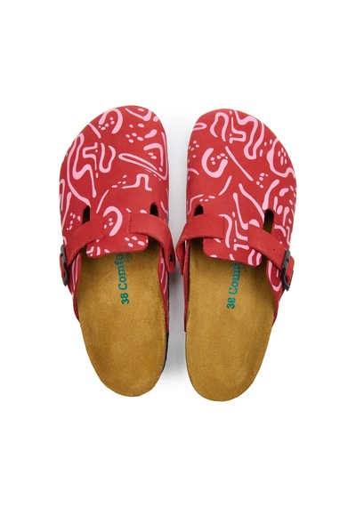 Comfortfusse Capri-pr - Kadın Ortopedik Deri Sabo Terlik Kırmızı-pembe Nubuk Deri