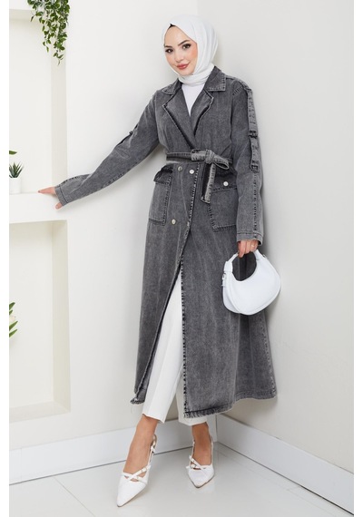 Hb Harma Time Butik Kadın Cepli Kuşaklı Denim Koyu Gri Trençkot Gri Gri
