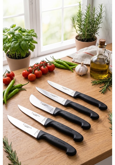 Silver Serisi 5 Li Mutfak Bıçağı Et Ekmek Sebze Kurban Mutfak Bıçak Seti Siyah Sap Mtf-016x