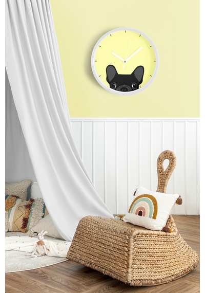Fransız Bulldog Köpek Tasarım Modern Duvar Saati - Salon, Çocuk Odası, Genç Odası - 25cm - Önü Camlı-jh0236 Beyaz