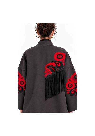 Saade Füme Etnik Çiçek Nakışlı Püsküllü Kimono Ceket Fume