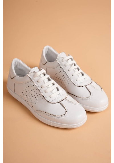Analin Shoes Kadın Hakiki Deri Bağcıklı Süet Detaylı Spor Ayakkabı Beyaz