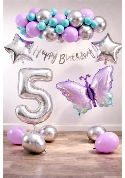 Lila Kelebek Temalı 5 Yaş Doğum Günü Balon Süsleme Seti Lila Gümüş Parti Dekorasyon Seti Gümüş - Mor