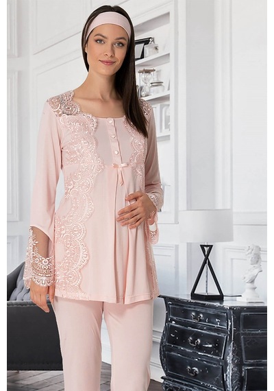 Mecit Pijama Lohusasepeti 5015 Sandra Dantelli Yaka Lohusa Pijama Takımı Turkuaz 001