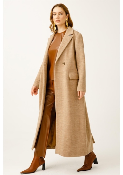 Esswaap Balıksırtı Yün Kumaş Manto Camel-camel Camel