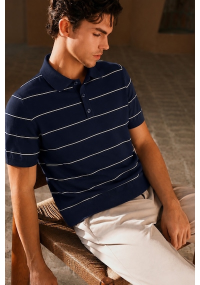 Tarz Cool Erkek Old Money Çizgili Polo Yaka Triko Tişört Slim Fit Lacivert