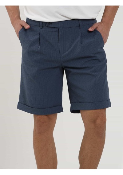 Dufy Indigo Erkek Slim Fit Gofre Desenli Short - 104682-Indigo İndigo