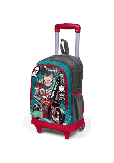 Coral High Kids Gri Nefti Anime Motorsiklet Desenli Üç Bölmeli Çekçekli Okul Sırt Çantası 23964