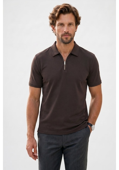 Tudors Erkek Slım Fit Dar Kesim Soft Modal Kumaş Kısa Kollu Yarım Fermuarlı Kahverengi Polo Yaka Tişört-51036