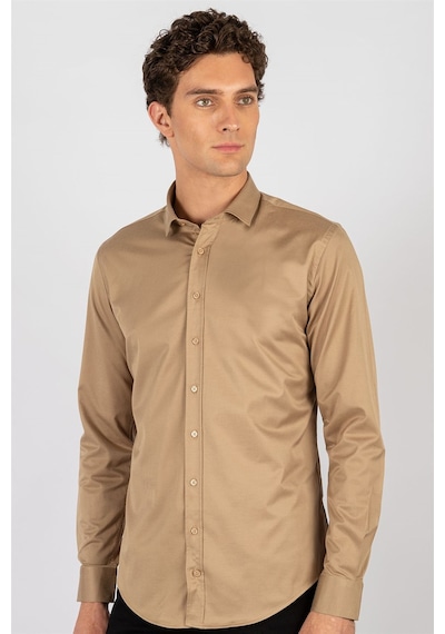 Tudors Slim Fit Dar Kesim Likralı Düz Saten Erkek Gömlek-19939 Kahverengi