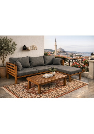 Puzzle Masif Kestane Ahşap Bahçe Balkon Sehpalı Köşe Takımı Antrasit